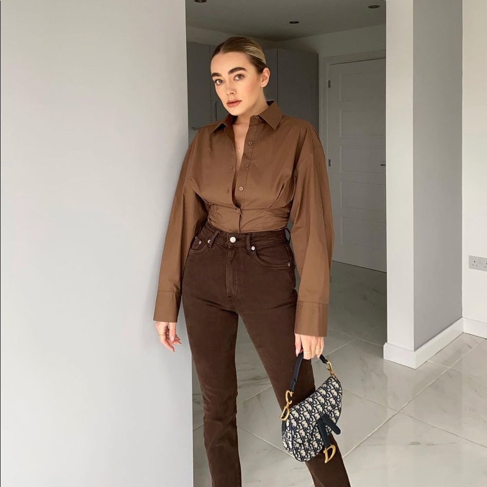 Zara Brown Fitted Poplin Shirt Bodysuit